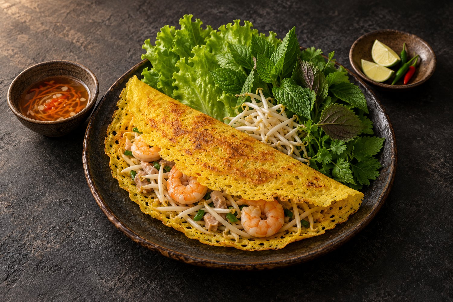 Bánh xèo in einer Keramikschale (mit AI erstelltes Bild)