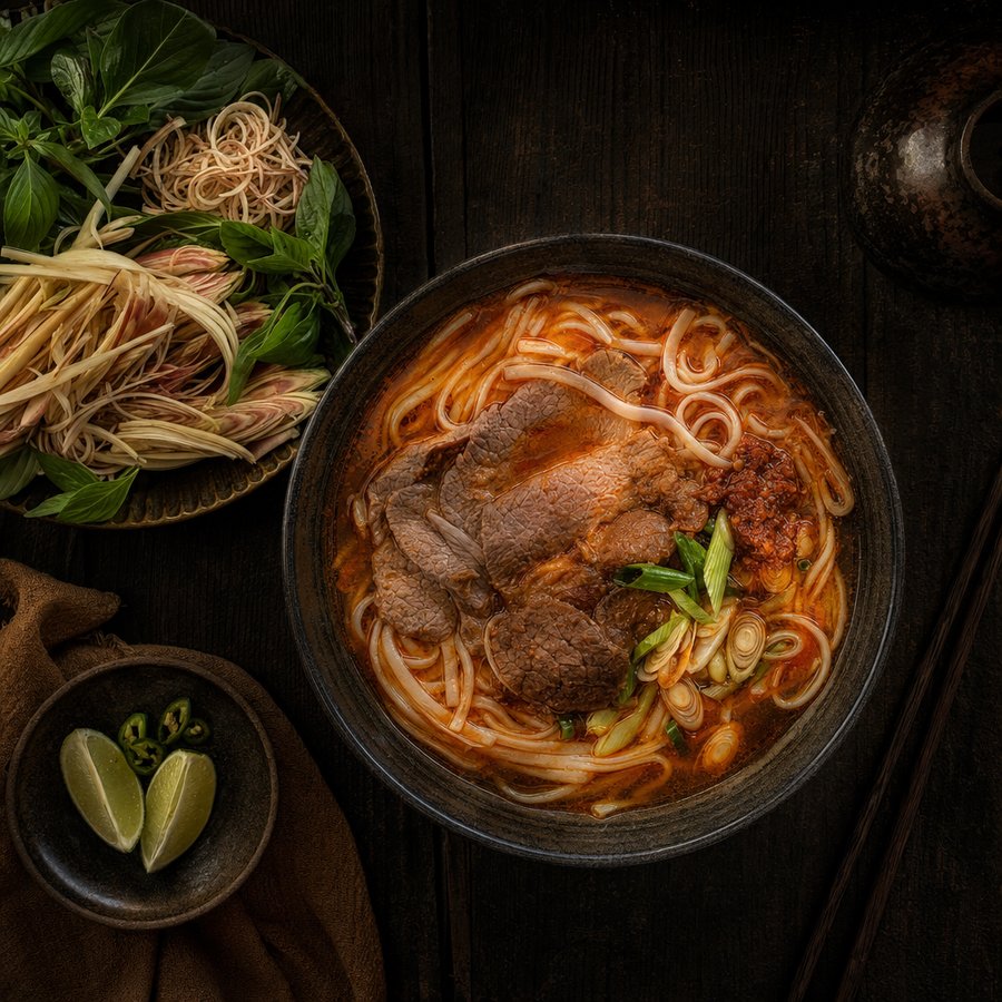 Schale mit rot-oranger Brühe, dicken Reisnudeln, Rindfleisch und Kräutern von oben (mit AI erstelltes Bild)