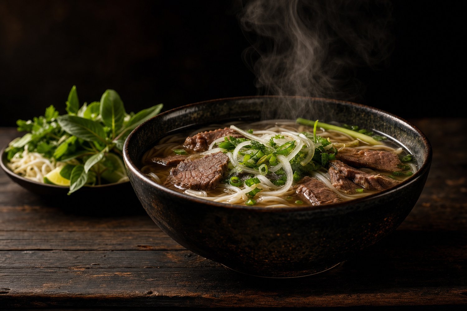 Dark ceramic bowl of Vietnamese noodle soup with steam rising, herbs and lime behind (mit AI erstelltes Bild)