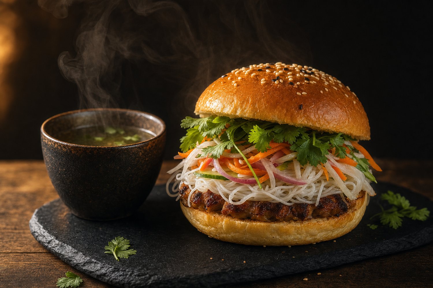 Burger mit Reisnudeln, Kräutern und eingelegtem Gemüse neben einer kleinen Tasse Brühe (mit AI erstelltes Bild)