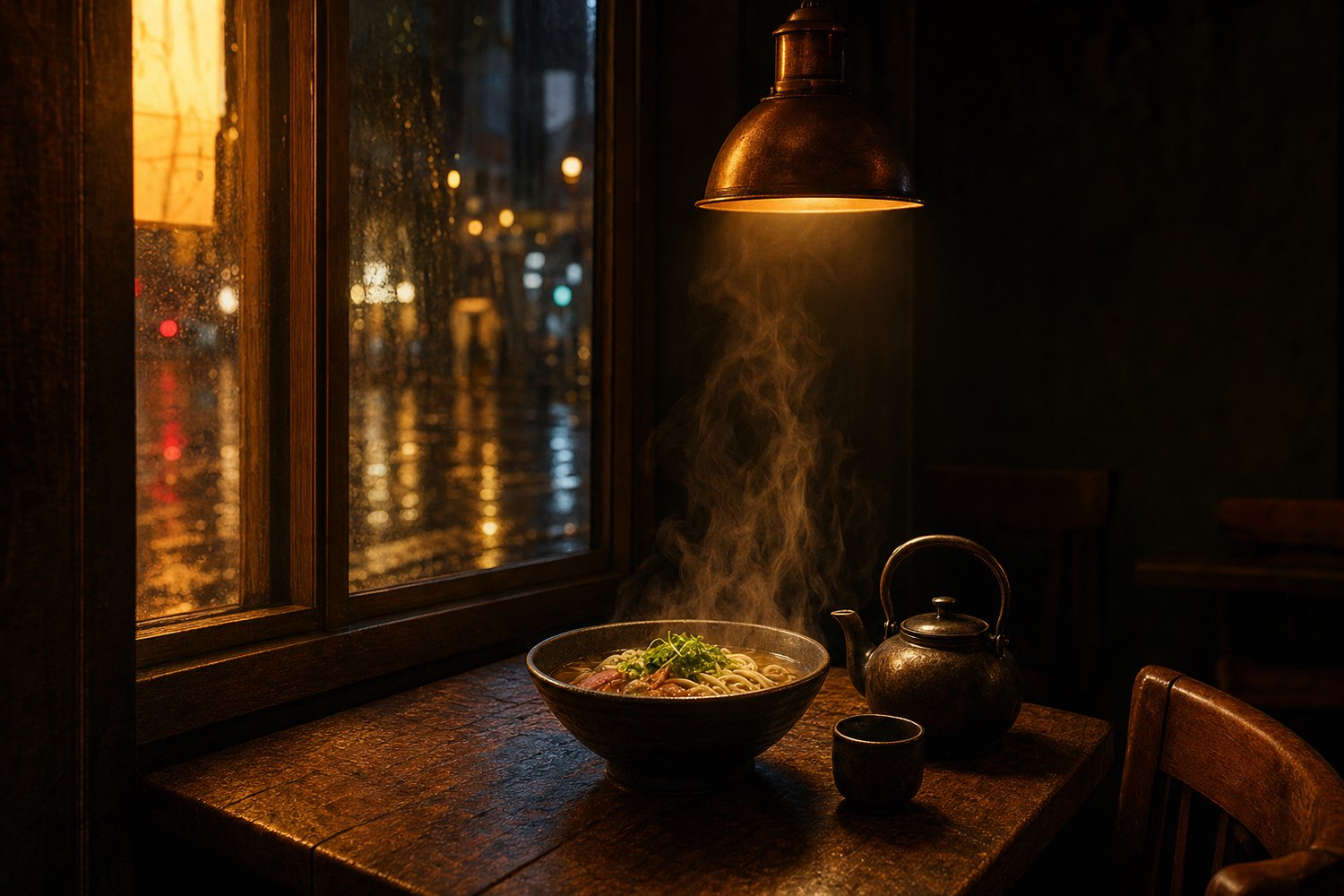 Warme Ecke eines kleinen Lokals am Abend mit dampfender Nudelsuppe am Fenstertisch (mit AI erstelltes Bild)