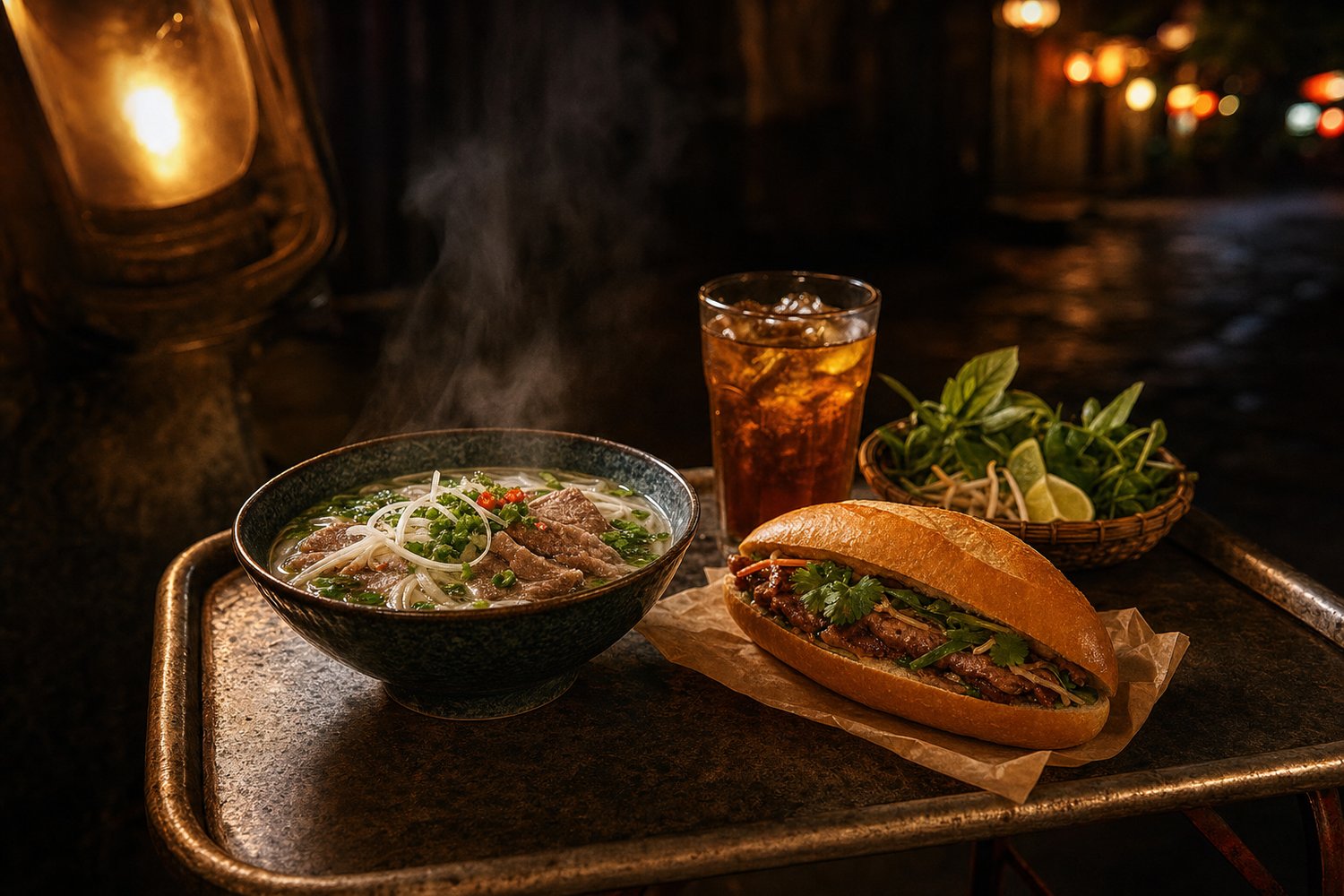 Niedriger Tisch mit Nudelsuppe, gefülltem Baguette und Eistee bei abendlichem Laternenlicht (mit AI erstelltes Bild)