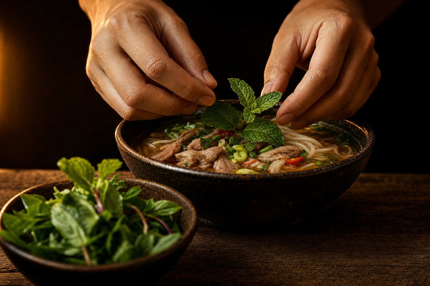 Hände legen frische Minze auf eine Schale Nudelsuppe (mit AI erstelltes Bild)